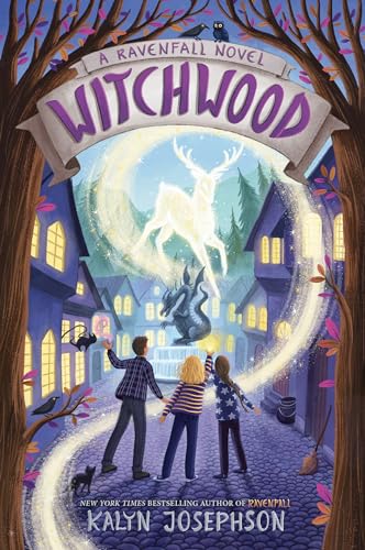Book cover: “Witchwood” depicts a town, glowing deer, and children.
