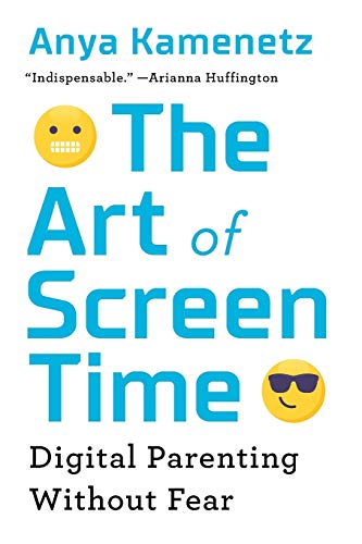 Book cover with blue text, title “The Art of Screen Time,” and emoji icons.