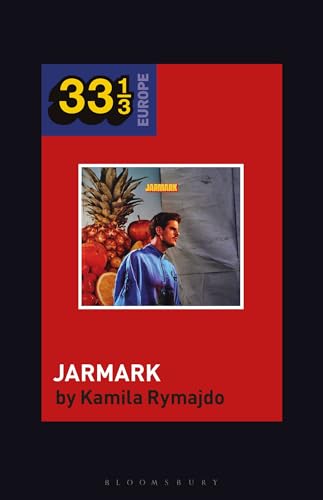 Book cover with a red background, featuring a man in a blue jacket near fruit.