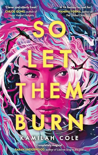 Book cover: woman’s face with vibrant pink and blue abstract flames.