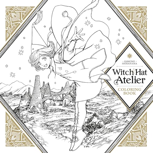 Line art of a witch with a hat, village, and ornate frame.