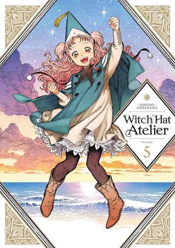 Young witch with pink hair jumps against a sunset seascape.