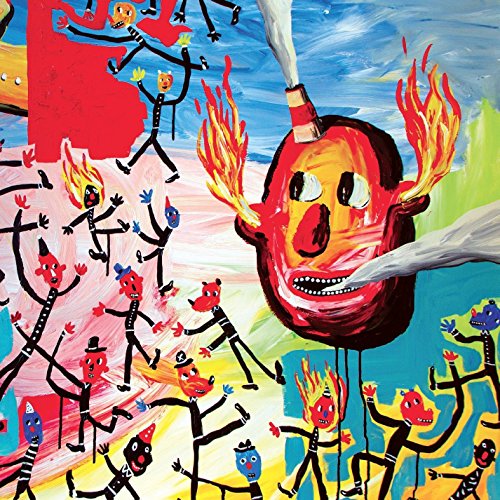Colorful, naive painting of figures engulfed in flames, CD cover art.