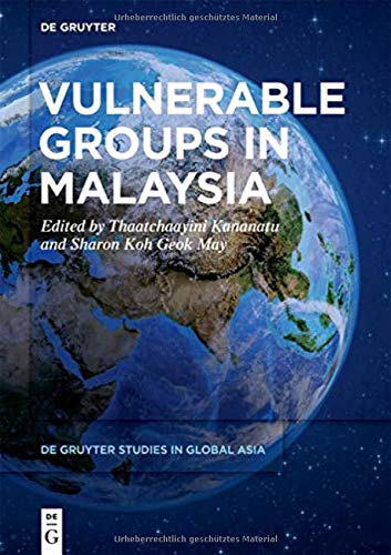 The image depicts the cover of a book titled "Vulnerable Groups in Malaysia". The alt text for this image could be: "Book cover with a blue globe and white text".