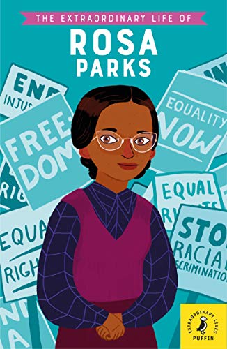 Illustrated book cover featuring Rosa Parks against a background of protest signs.