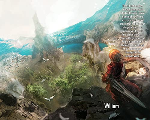 Boy with sword stands overlooking a fantastical, ruined city landscape.
