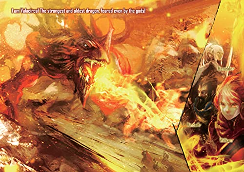 Fantasy illustration of a fierce dragon and three characters in battle.