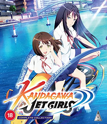 Two anime girls riding a jet ski on a river with the series title below.