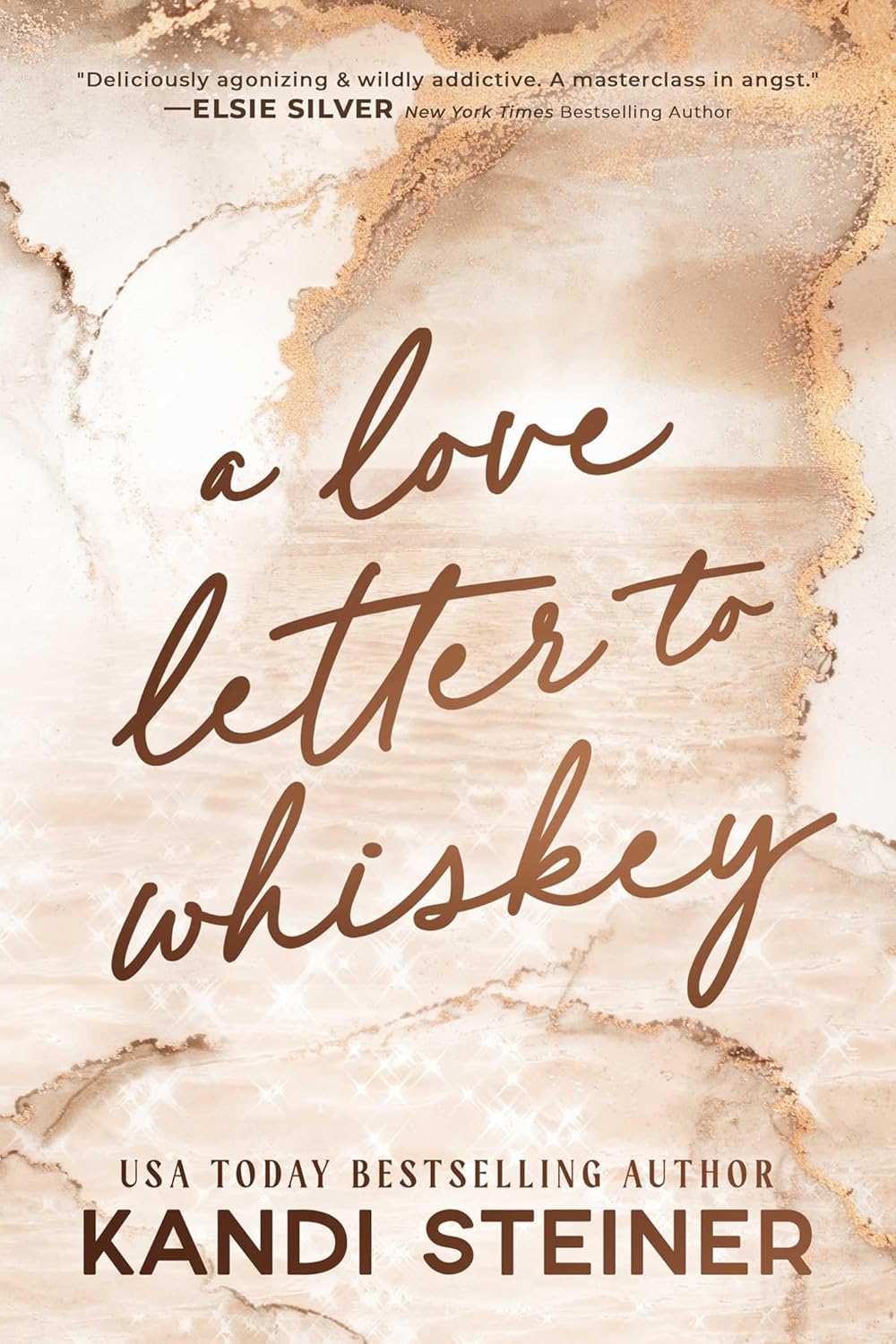 Book cover titled A Love Letter to Whiskey by Kandi Steiner with marble background.