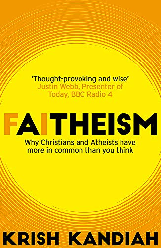 Book cover for "Faitheism" with yellow and black text, concentric circles.