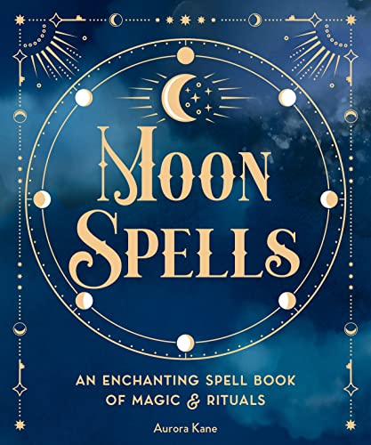 Book cover titled Moon Spells with gold celestial graphics on a dark blue background.