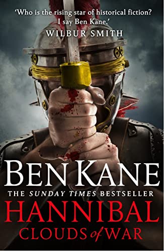 Book cover: Roman soldier with sword, bloodied hands, titled "Hannibal: Clouds of War".