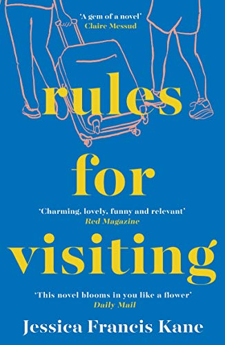 Book cover with blue background, yellow text, and line-art figures pulling a suitcase.