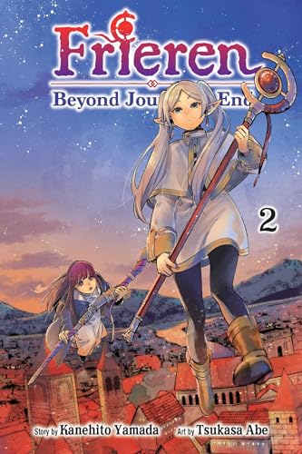 Frieren and Fern flying over a town on the cover of a manga volume.