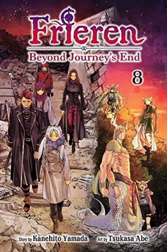 Manga cover featuring Frieren and several other characters standing in a ruined landscape.