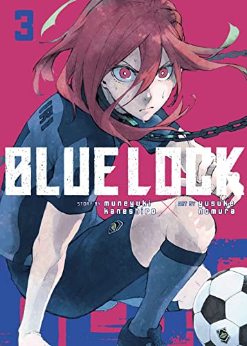 Manga cover of Blue Lock volume 3 featuring a red-haired soccer player with chains.