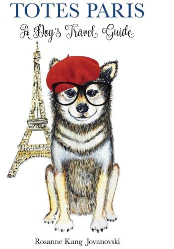 Dog wearing beret and glasses, with Eiffel Tower illustration.