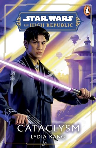 Book cover: Jedi wielding a lightsaber in a futuristic city.