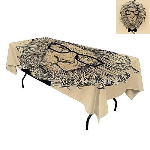 Rectangular tablecloth with a sketched lion wearing glasses design.