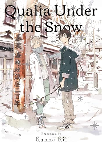 Two young men stand in a snowy Japanese street, illustrated cover.
