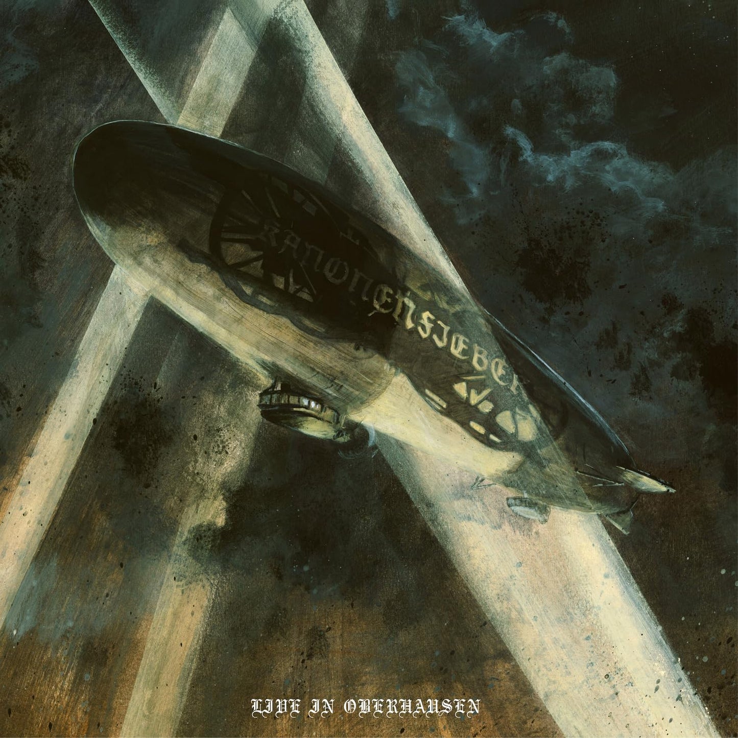 Black vinyl record cover depicting a zeppelin in a stormy sky.