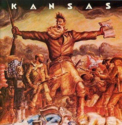 Album cover for Kansas’s debut album featuring a frontier scene illustration.