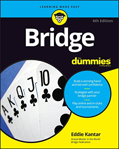 Book cover for "Bridge for Dummies," 4th Edition, with playing cards.
