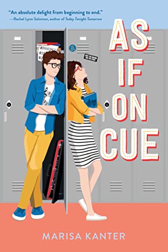 Book cover with illustrated teens by school lockers, titled "As If on Cue".