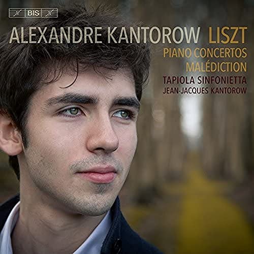 Close-up portrait of Alexandre Kantorow with text overlay for his Liszt piano concertos album.
