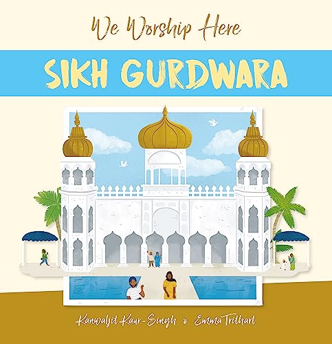 Book cover depicting a white Sikh Gurdwara with golden domes and palm trees.