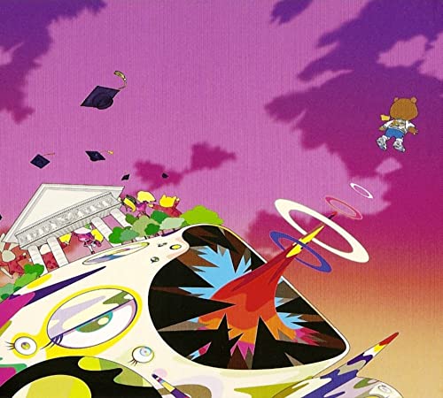 Kanye West's "Graduation" album cover: bear, building, and colorful abstract art.