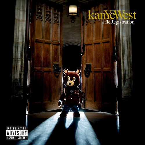 A teddy bear stands in a doorway with Kanye West Late Registration text above.