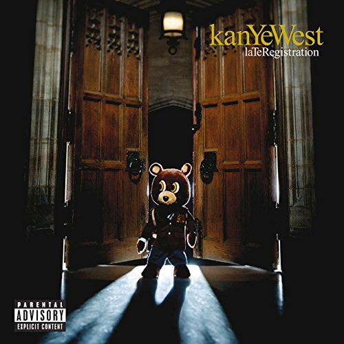 Kanye West’s “Late Registration” album cover with a teddy bear in front of doors.