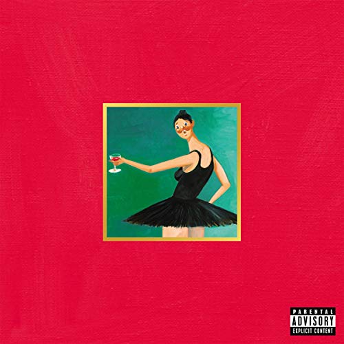 A painting of a ballerina in a black tutu holding a glass on red background.