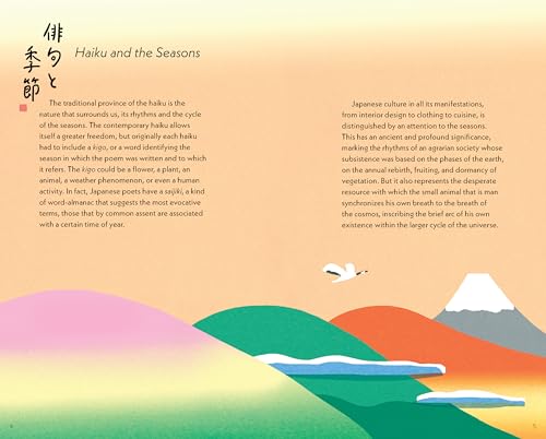 A book page titled Haiku and the Seasons featuring stylized mountains and a bird.