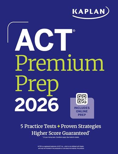 Blue and white ACT Premium Prep 2026 test preparation book cover.