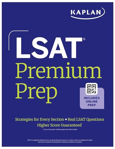 Kaplan LSAT Premium Prep book cover, dark blue with white and yellow text.