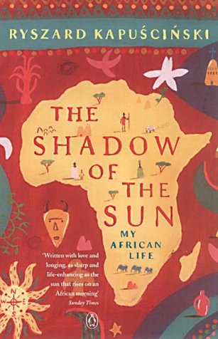 "The Shadow of the Sun" book cover with map of Africa and colorful illustrations.