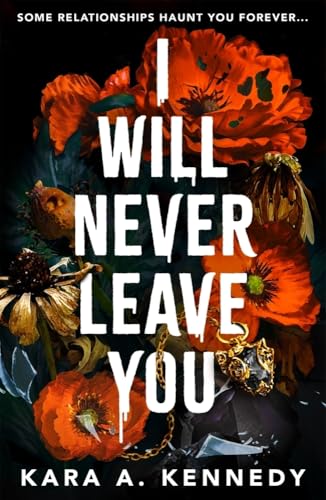 Book cover with red poppies, dripping text, and a vintage locket.
