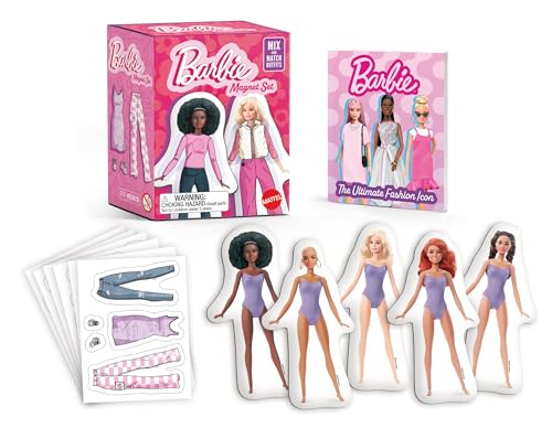 Barbie magnetic playset with dolls and various clothing options.