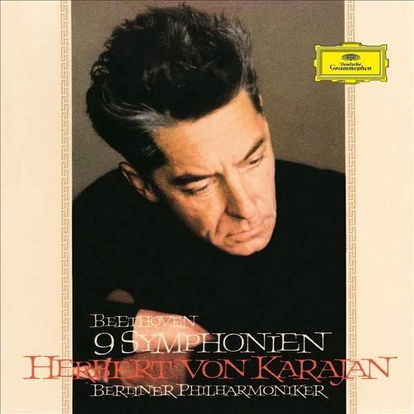 CD cover featuring Herbert von Karajan conducting, with text “Beethoven” and “9 Symphonien”.