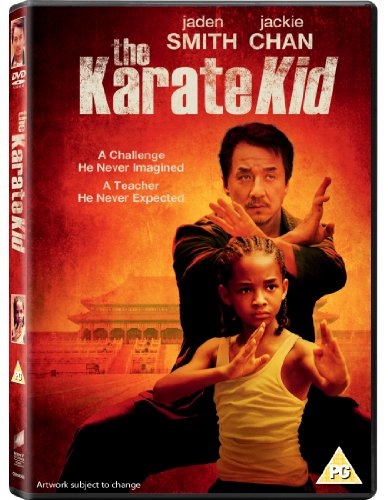 DVD case for "The Karate Kid" with a man and boy in karate stance.