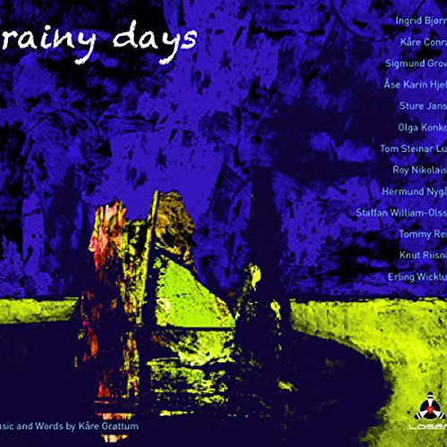 "Album cover with abstract blue and green image, titled 'rainy days' with artist names."