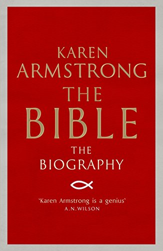 Red book cover: "The Bible: The Biography" by Karen Armstrong.