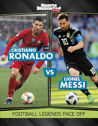 Cristiano Ronaldo and Lionel Messi in action on a split football field.