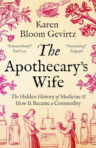 Book cover with illustrations of apothecary bottles, a scale, and people on cream background.