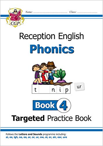 CGP Reception English Phonics Book 4 cover with cartoon characters and letter tiles.