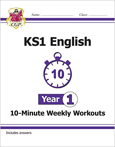 The cover of a CGP Year 1 KS1 English 10-Minute Weekly Workouts workbook.