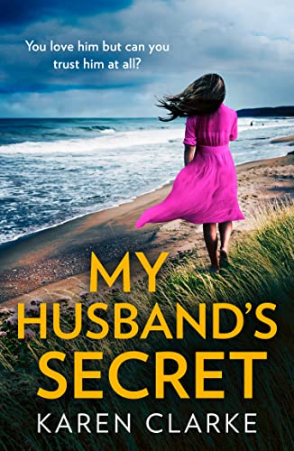 Book cover: woman walking on beach, text "My Husband’s Secret".