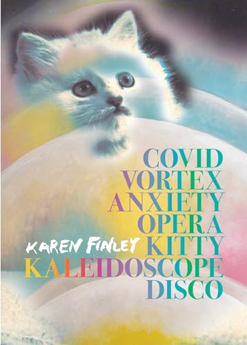 White kitten portrait with colorful, swirling text overlaying a blurred background.